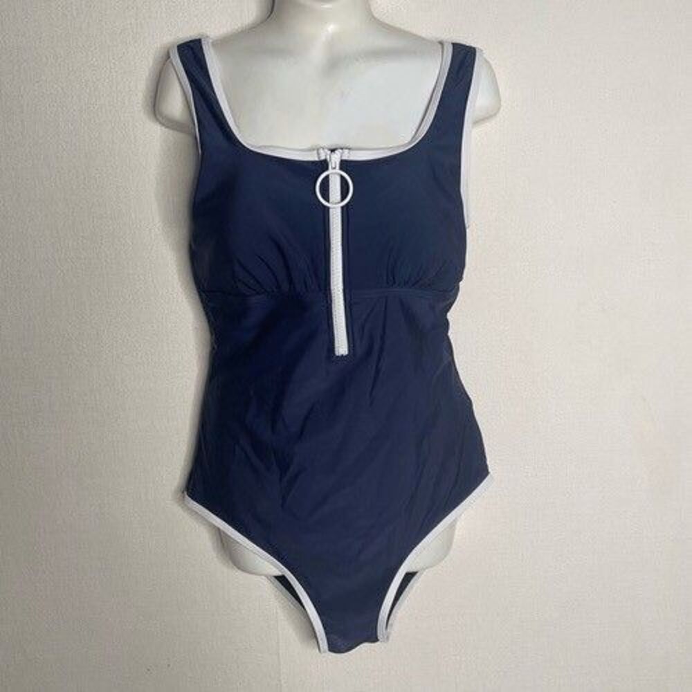 New with tags Charmo‎ Zip Front One Piece Swimsuit Women Size Small Navy White